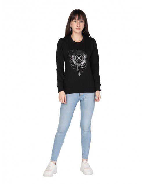 Women Cotton Blend Free Style Print Sweatshirt Black